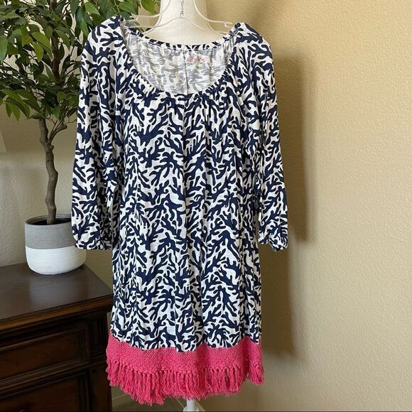 Lilly Pulitzer Alia Navy & White Fringe Coverup Tunic Dress sz XS - Picture 2 of 3